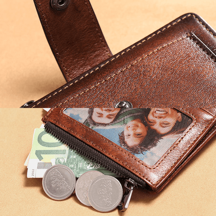 Men Genuine Leather Multifunction Large Capacity Retro Cowhide Card Holder Money Clip Coin Purse Wallet - MRSLM