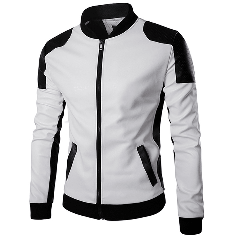 Mens PU Leather Fashion Black White Stitching Motorcycle Biker Jacket Baseball Collar Coat - MRSLM
