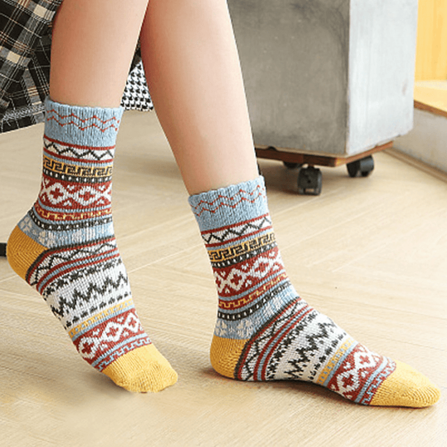 5 Pairs Women Wool Cotton Thickened Geometric Striped Dot Pattern Breathable Warmth Socks Tube Sock - MRSLM