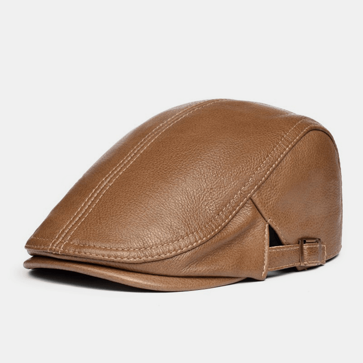 Men Genuine Leather Solid Classical Casual Forward Hat Beret Hat - MRSLM