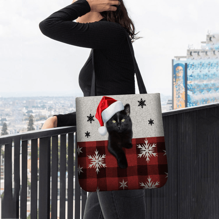 Women Felt Cute Cartoon Festive Christmas Dressed Cat Snowflake Pattern Shoulder Bag Handbag Tote - MRSLM