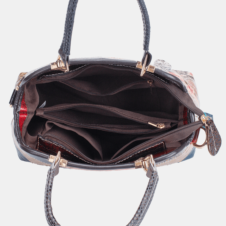 Women Oil Wax Genuine Leather Patchwork Handbag Crossbody Bag Shoulder Bag - MRSLM