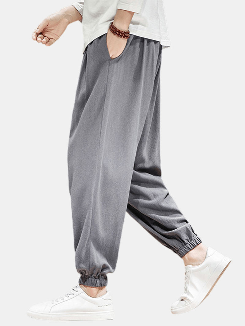 Mens Solid Color Drawstring Elastic Ankle Casual Pants with Pocket - MRSLM