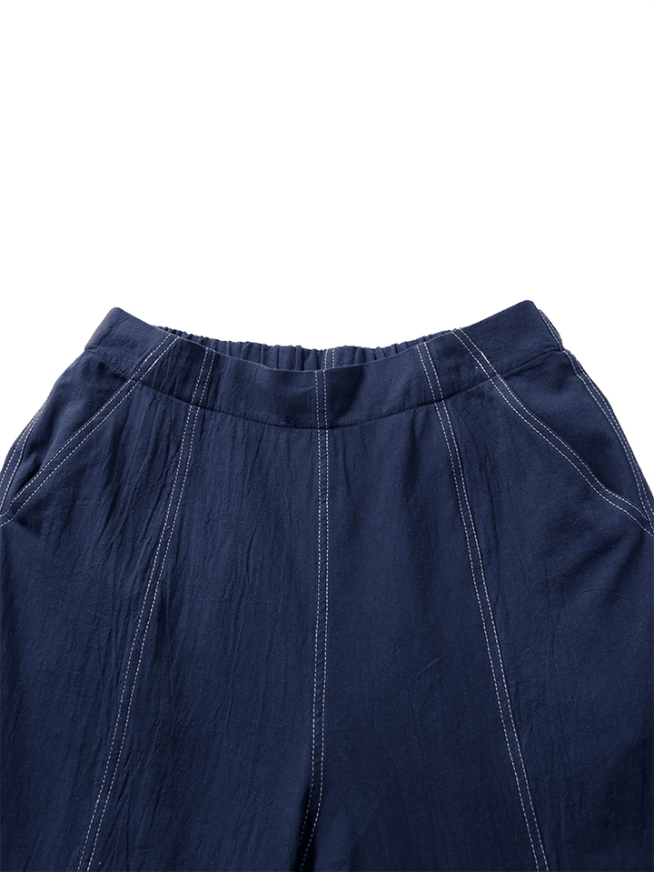 Solid Color Elastic Waist Casual Cotton Straight Leg Loose Women Pants - MRSLM