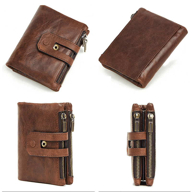Men Genuine Leather Vintage Multi-Slots Card Holder Zipper Anti-Theft Small Short Wallet Purse - MRSLM