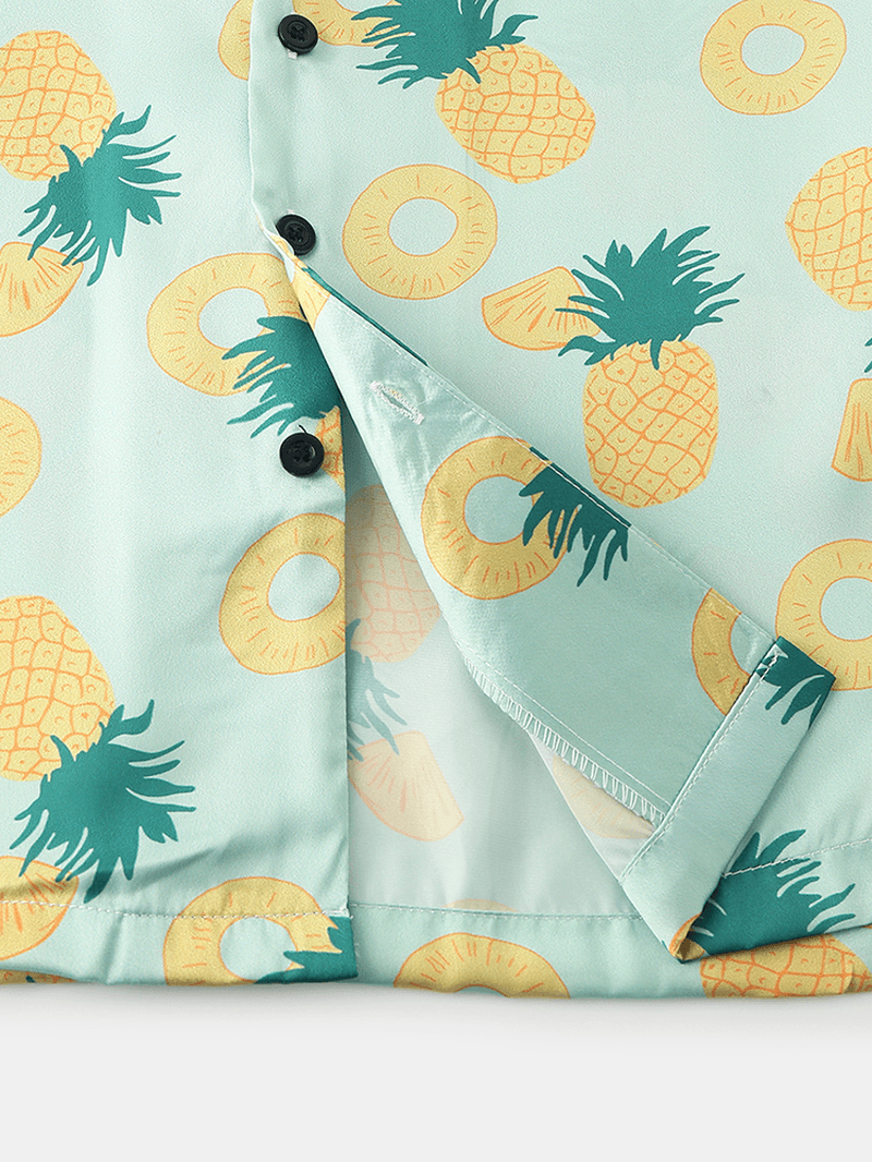 Mens Pajama Set Funny Pineapple Print Faux Sik Revere Collar Smooth Breathable Home Sleepwear - MRSLM
