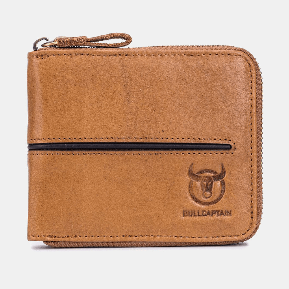 BULLCAPTAIN Men Genuine Leather Thick Wallet Multi-Card Card Holder Zipper Wallet - MRSLM