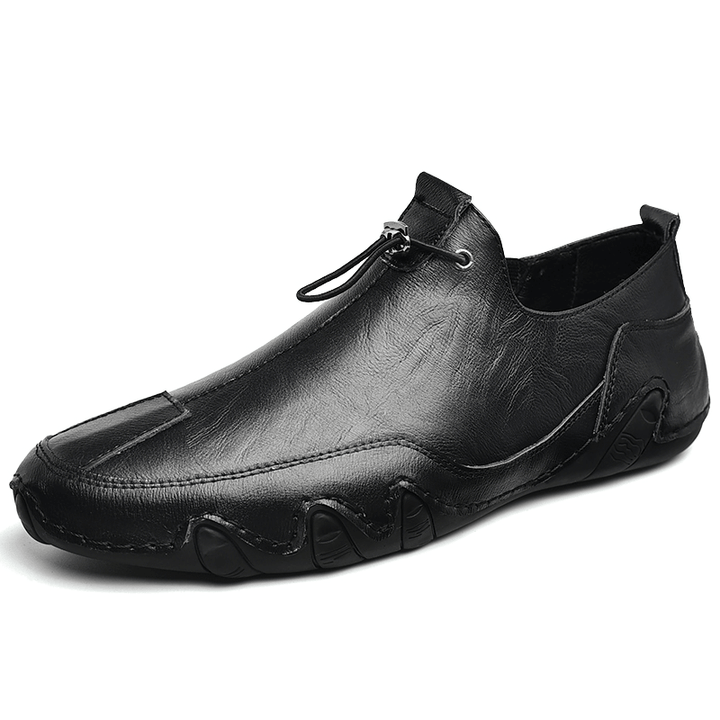 Men Genuine Leather Soft Sole Non Slip Elastic Lace Casual Driving Shoes - MRSLM
