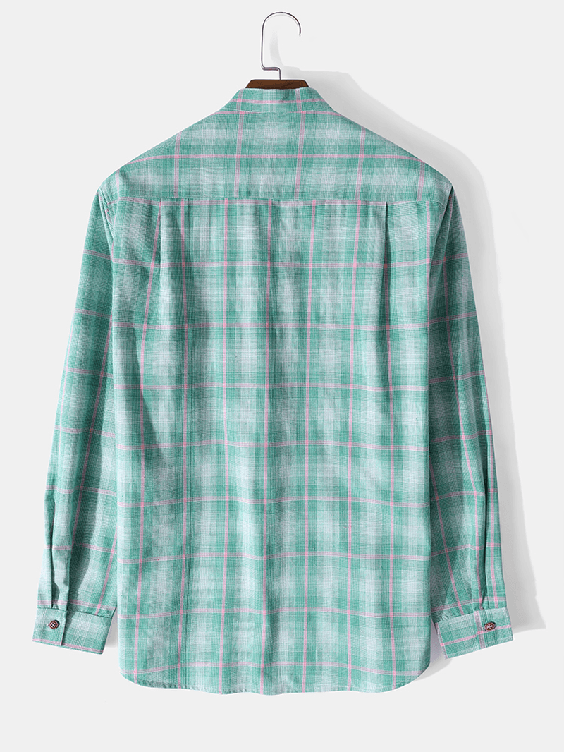 Mens 100% Cotton Plaid Stand Collar Long Sleeve Henley Shirts - MRSLM