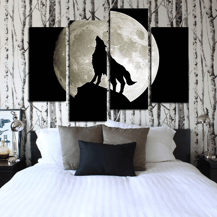 Miico Hand Painted Four Combination Decorative Paintings Full Moon Black Wolf Wall Art for Home Decoration - MRSLM