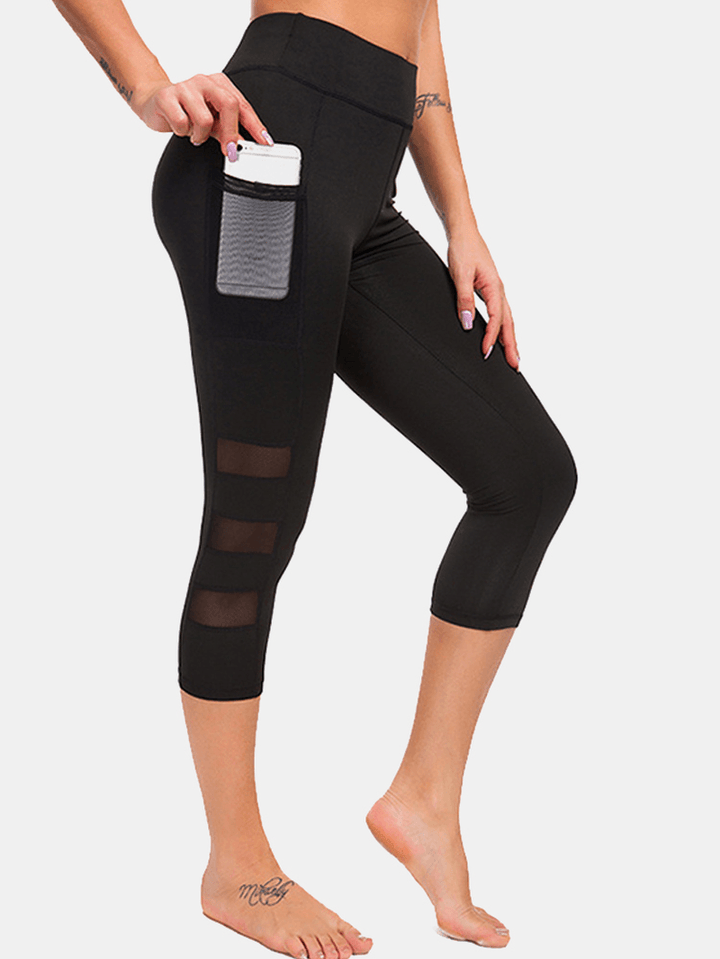 Women Mesh Patchwork Bodycon Cropped Yoga Sport Leggings with Pockets - MRSLM