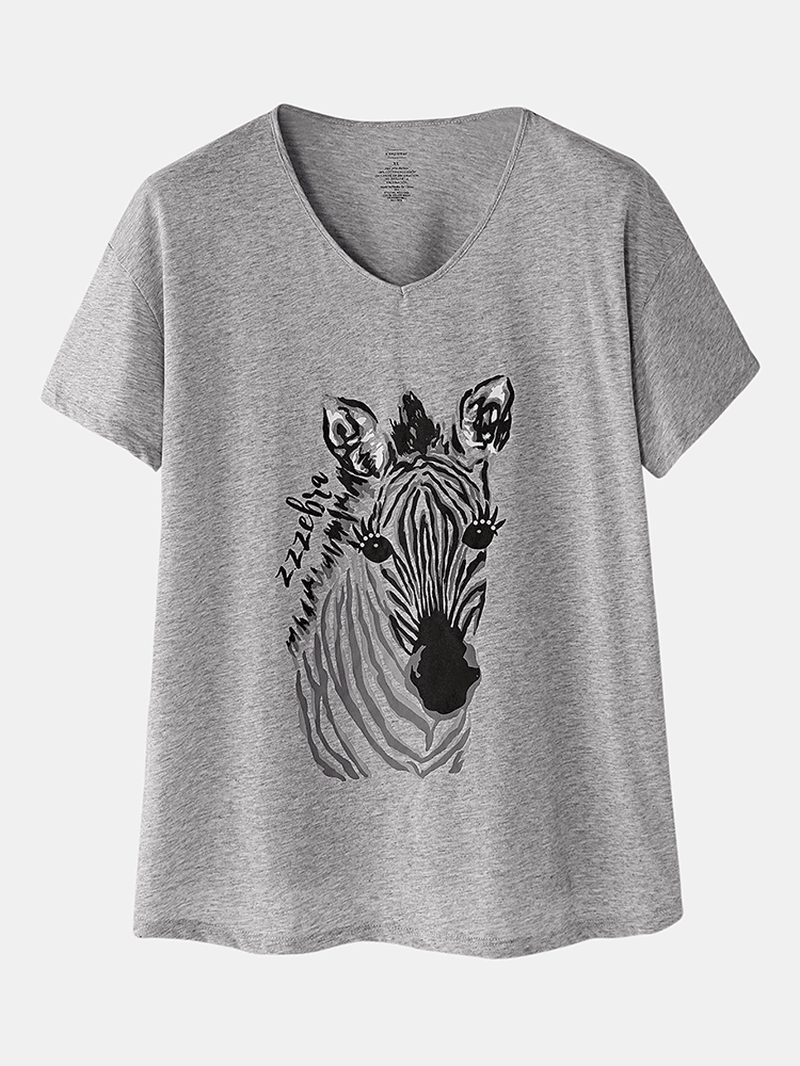 Plus Size Women Home Cotton Zebra Print V-Neck Short Sleeve Pajama Set - MRSLM