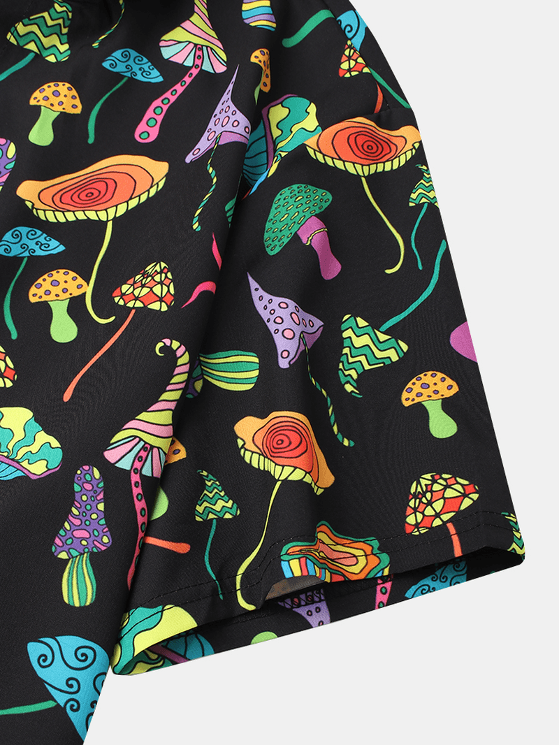 Mens Cartoon Colorful Mushroom Print Lapel Short Sleeve Shirt - MRSLM
