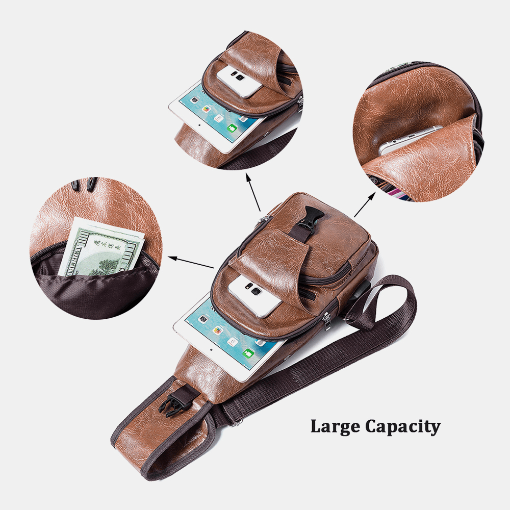 Men Casual Resistant Waterproof Anti-Theft Chest Bag Headphone Hole USB Charging Port Design Multi-Pocket Travel Daypack Shoulder Bag - MRSLM