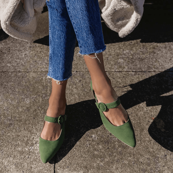 Women Elegant Pointed Toe Solid Color Ankle Buckle Strap Slip on Chunky Heel Pumps - MRSLM