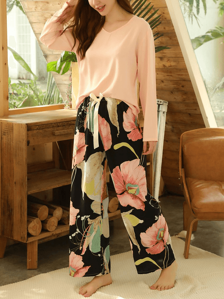 Women Floral Printing V-Neck Bow Long Pajamas Sets Cozy Loungewear - MRSLM