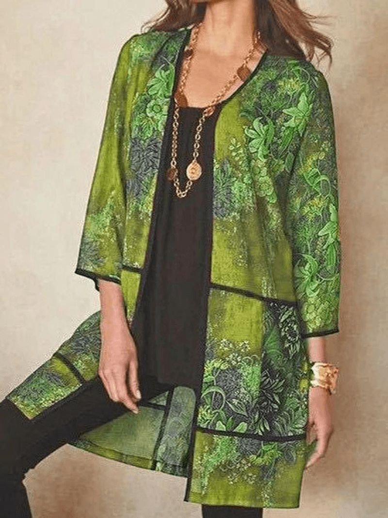 Women Ethnic Style Floral Print Patchwork 3/4 Sleeve Loose Mid Length Cardigan - MRSLM
