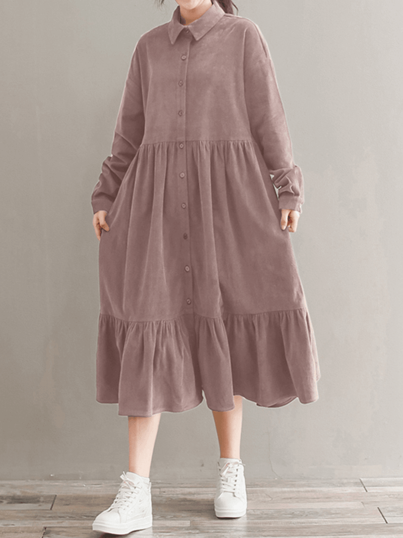 Women Corduroy Casuallace-Up Ruffles Hem Loose Full Sleeve Mid-Calf Length Midi Dress - MRSLM