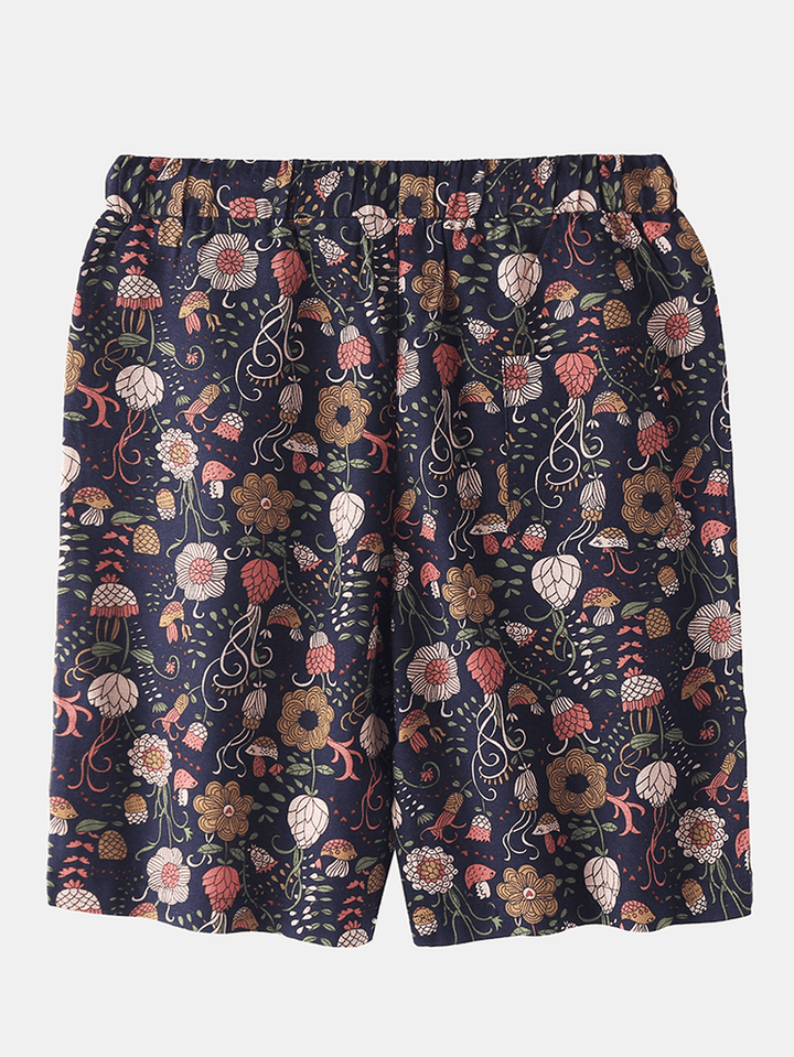 Cotton Mens Floral Print Pocket Drawstring Casual Shorts - MRSLM