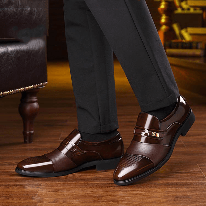 Men Leather Comfy Soft Sole Pointy Toe Oxford Slip on Casual Business Shoes - MRSLM