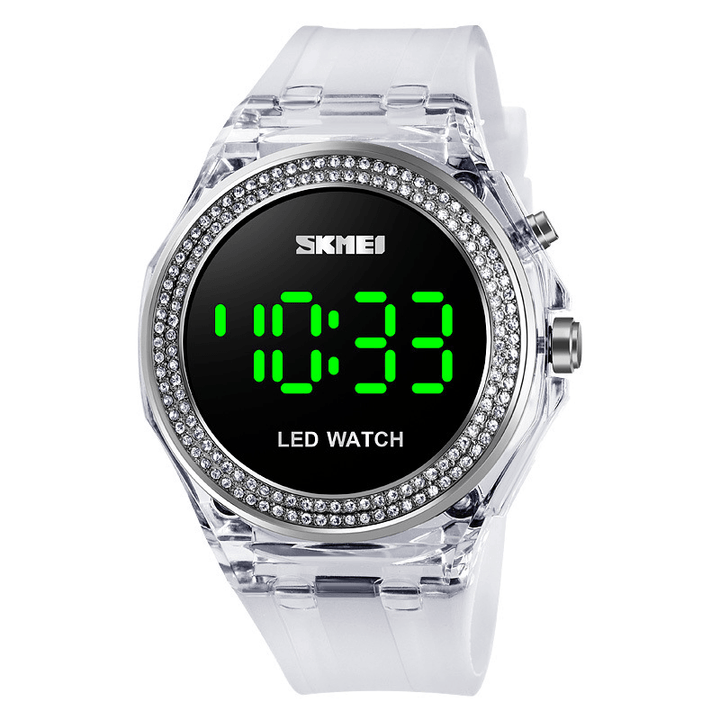 SKMEI 1597 Fashion Women Watch Diamond Dial Transparent PU Strap Luminous Display Lady Digital Watch - MRSLM