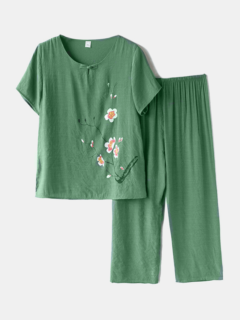 Women plus Size Flowers Print Loungewear Set Breathable Mandarin Button Loose Pajamas - MRSLM