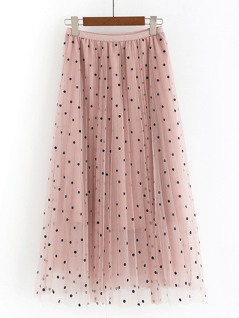 Women Polka Dot Print Gauze Elastic Waist Midi Mesh Pleated Skirt - MRSLM