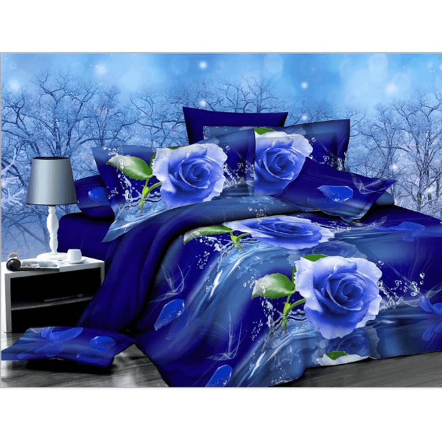 2PCS 3D Blue Rose Printed Bedding Pillowcase Quilt Cover Twin Bed Size Bedding Sets - MRSLM