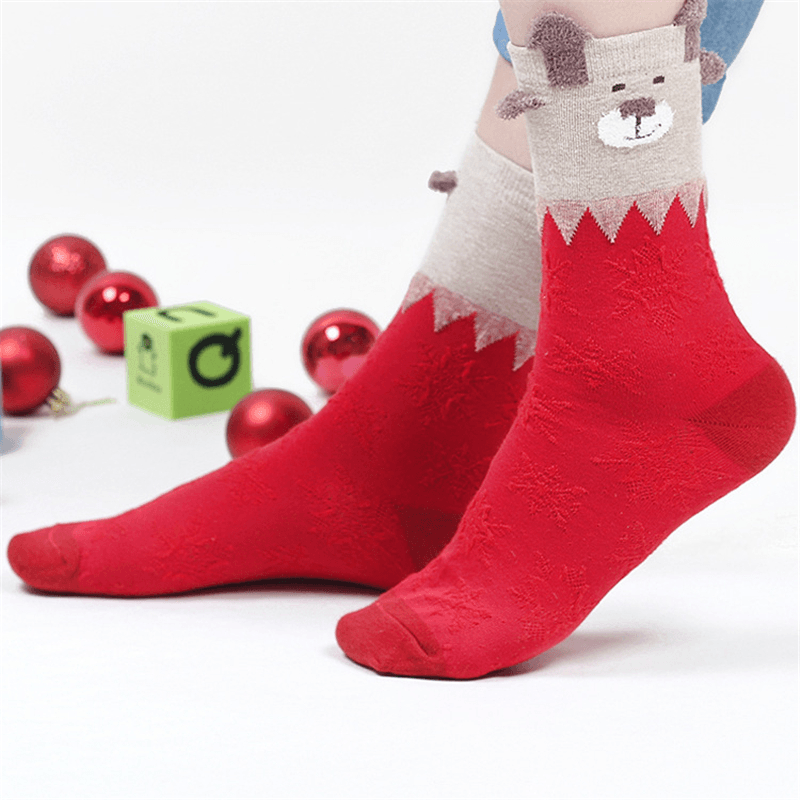 Women Cute Christmas Elk Cotton Socks Warm Soft Middle Tube Socks - MRSLM