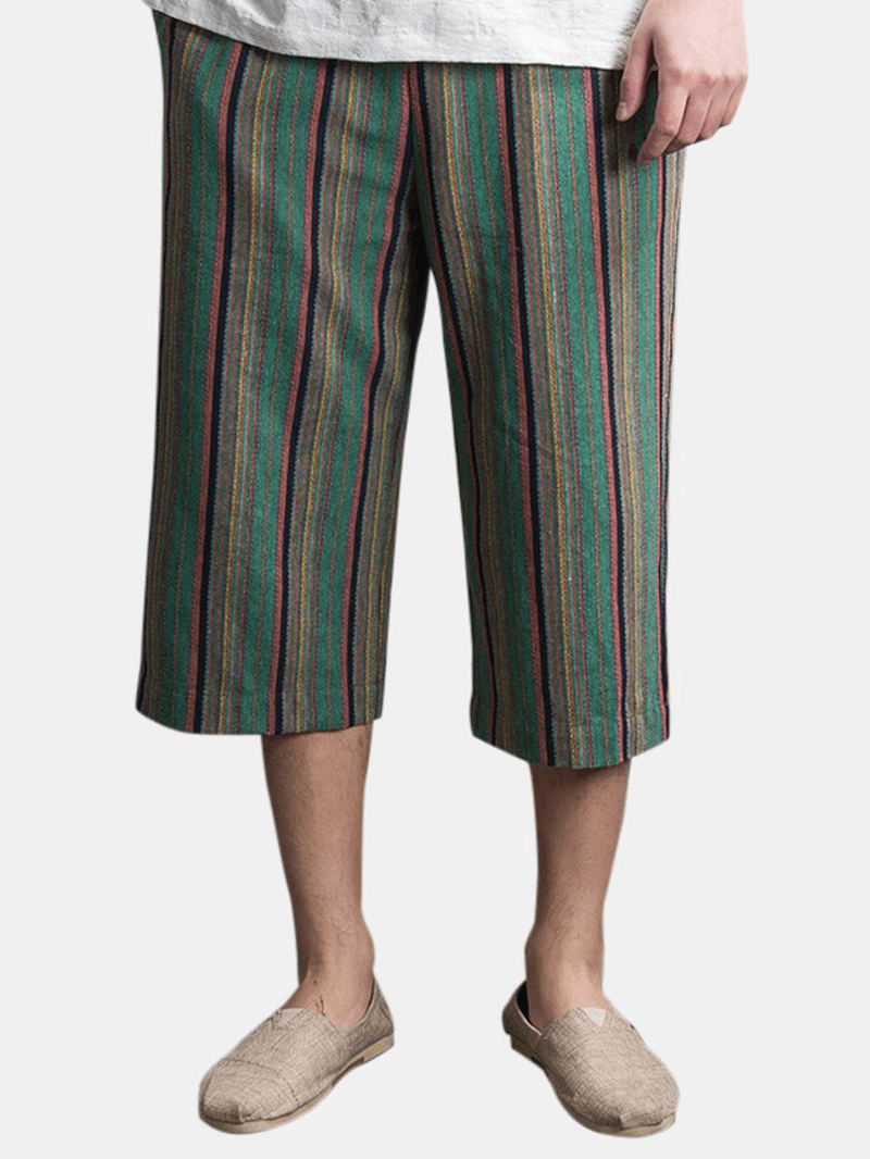 Mens Summer Striped Printed Cotton Loose Drawstring Casual Pants - MRSLM