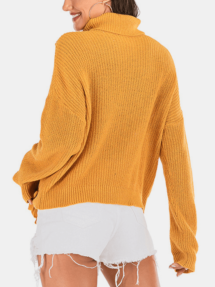 Women Bandage High Neck Pullover Warm Yellow Knitting Sweaters - MRSLM