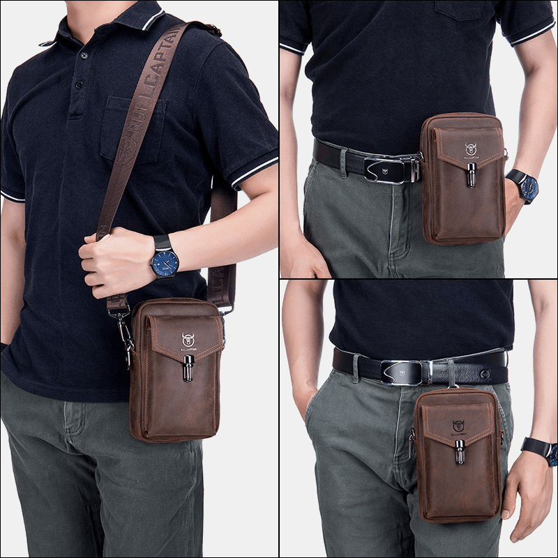 Men Genuine Leather Large Capacity Vintage 6.5 Inch Phone Bag Waist Bag Shoulder Bag Crossbody Bag - MRSLM