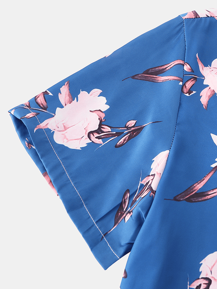 Men Floral Print Revere Collar Short Sleeve Home Breathable Pajama Set Sleepwear - MRSLM