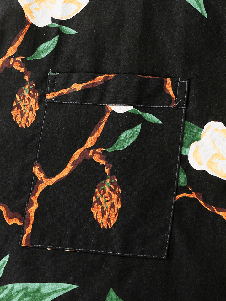 Mens Floral Print V-Neck Loose Cotton Comfy Short Loungewear with Pocket - MRSLM