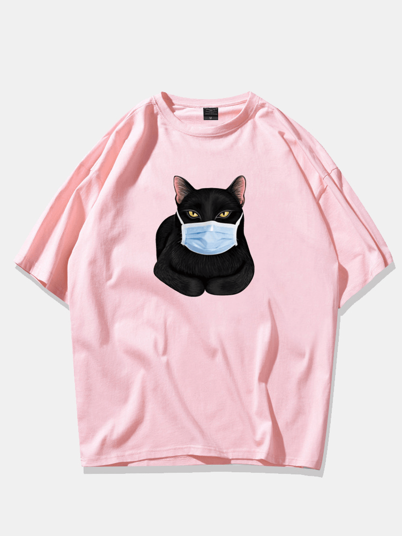Fashion Cartoon Cat Mask Printing Short Sleeve O-Neck T-Shirts - MRSLM
