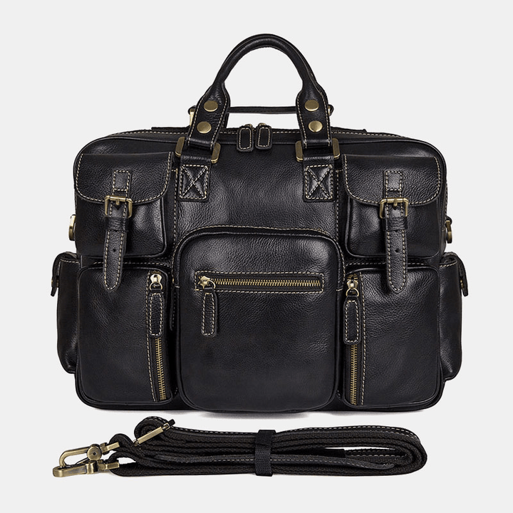 Men Genuine Leather Detachable Strap Large Multi-Pocket 15.6 Inch Laptop Bag Briefcase Messenger Bag Crossbody Bags - MRSLM