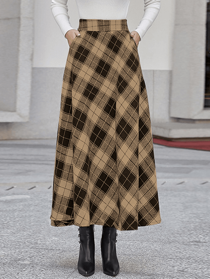 Women Plaid A-Line Vintage High Waist Skirts with Pocket - MRSLM