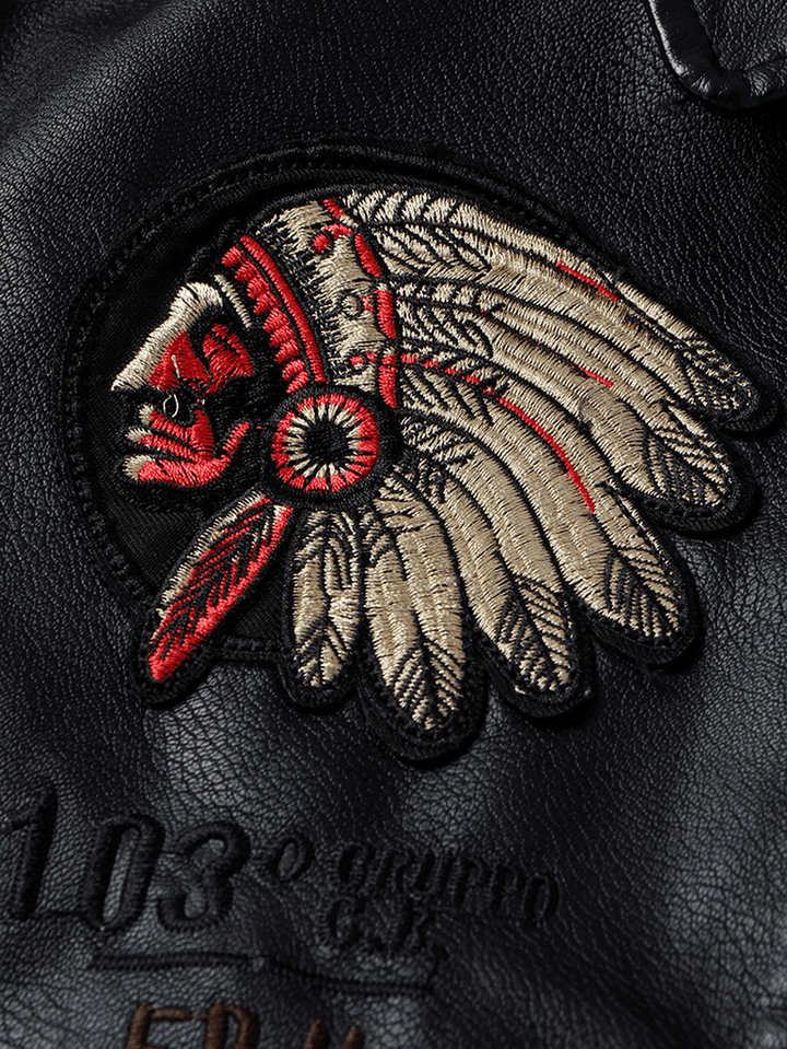 Mens Tribal Embroidery Eagle Head Badge Pocket Zipper Long Sleeve PU Leather Jackets - MRSLM