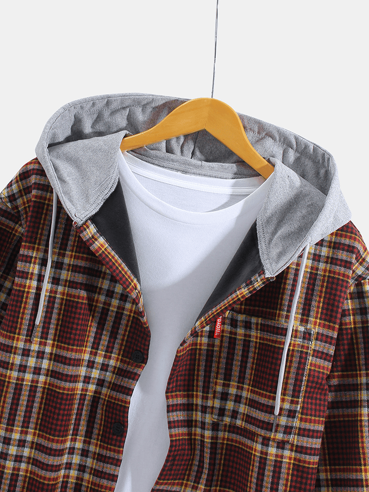 Mens Vintage Plaid Chest Pocket Warm Plush Lined Thick Long Sleeve Hooded Shirts - MRSLM