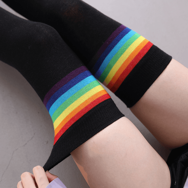 Women Cotton Rainbow Stripe Pattern Casual Universal over Knee Leggings Thigh Socks Stockings - MRSLM