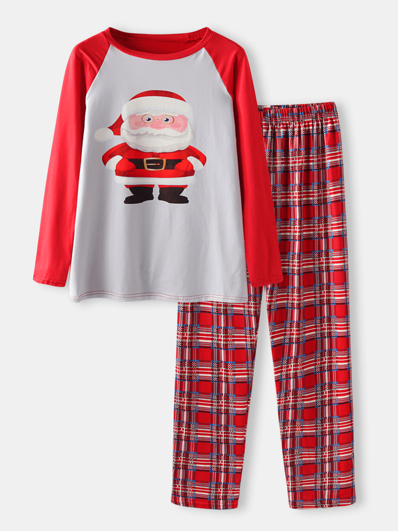 Women Christmas Santa Claus Print Pullover Plaid Elastic Waist Pants Home Casual Pajama Set - MRSLM
