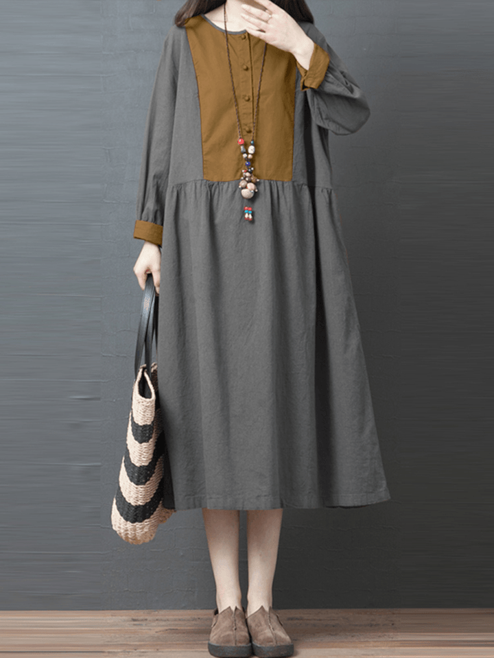 Women Contrast Patchwork Button Front Casual Long Sleeve Maxi Shirt Dresses - MRSLM