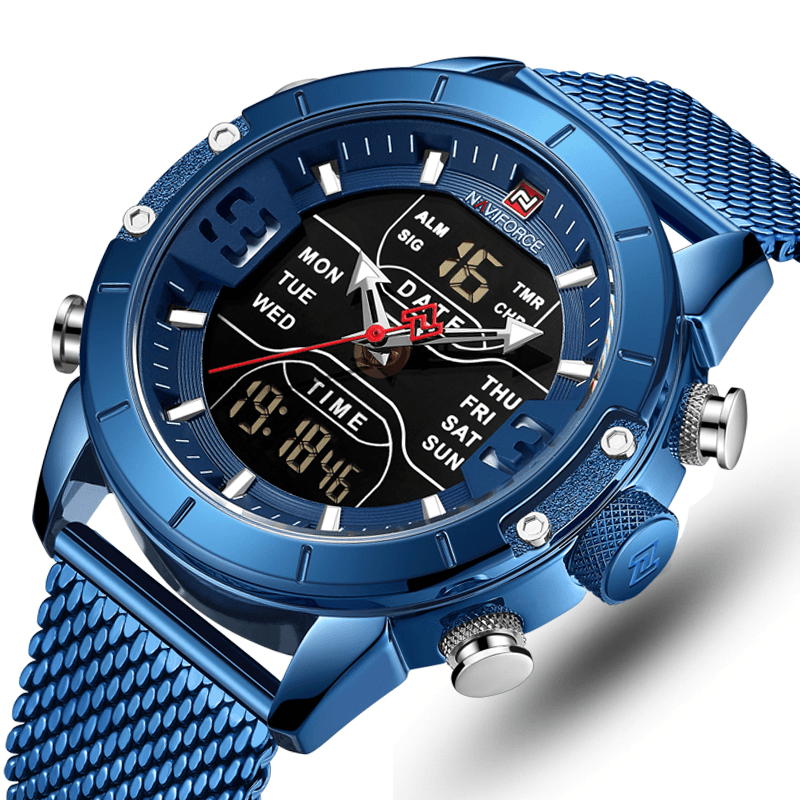 NAVIFORCE 9153 Business Style LED Dual Digital Watch Waterproof Full Steel Quartz Watch - MRSLM