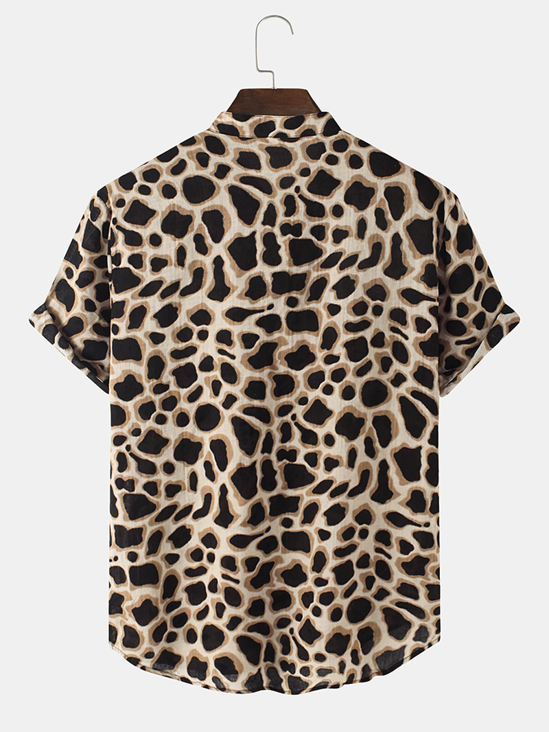Mens Leopard Print Henley Collar Short Sleeve Shirts - MRSLM