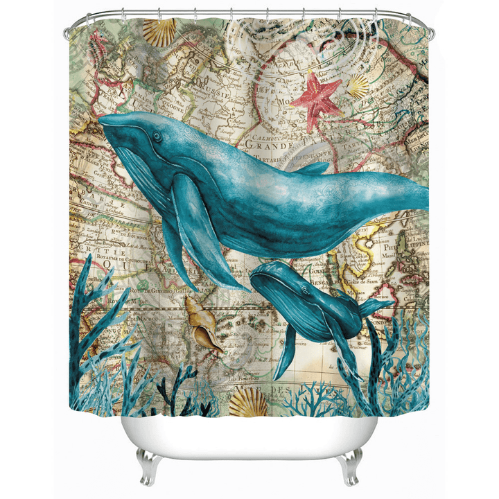 180 X 180Cm Turtles/ Whale Printed Pattern Shower Curtain Waterproof Bathroom Decorative Curtains with 12 Hooks - MRSLM