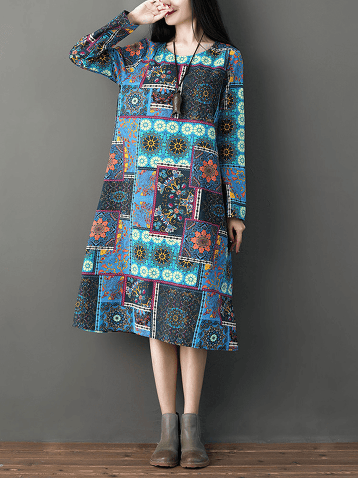 Women Casual Loose Printed O-Neck Long Sleeve Dress - MRSLM