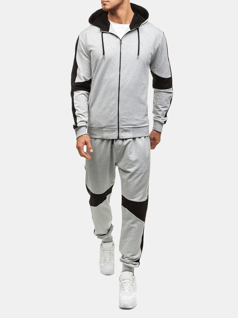 Mens Casual Sport Patchwork Hit Color Running Pants Hooded Fashion Suit - MRSLM