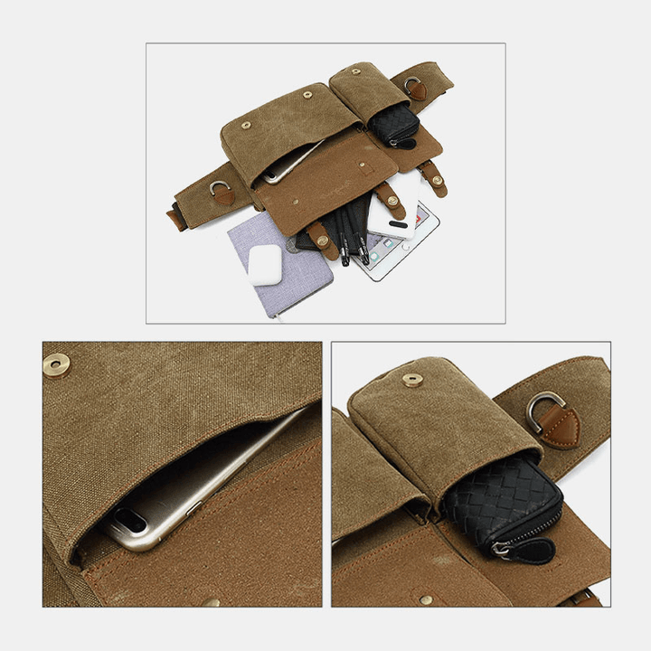 Men Canvas Waist Bag Multifunctional Hasp Pocket Outdoor Casual Chest Bag Shoulder Bag - MRSLM