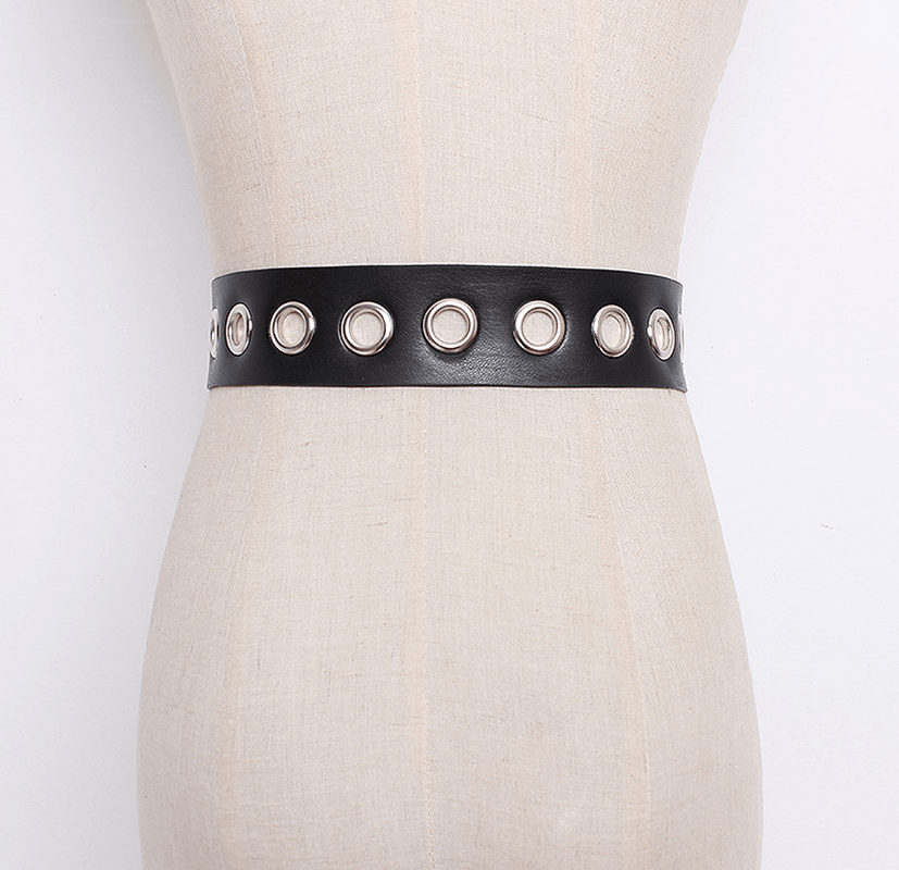 Versatile Ring Extra Long Belt Female Black Wide Metal Eyelet Female Belt Decorated Dress Trousers - MRSLM