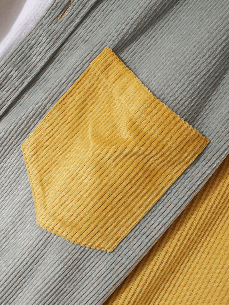 Mens Patchwork Corduroy Contrast Color Chest Pocket Regular Fit Shirts - MRSLM